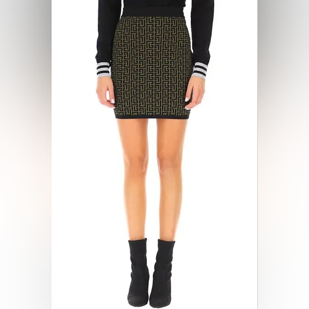 BALMAIN Monogram Black and Green Patterned Skirt